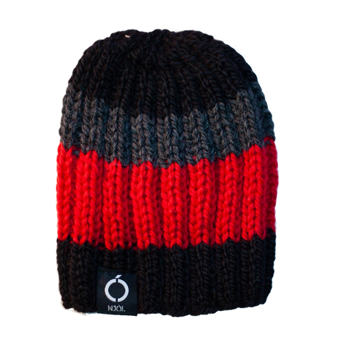 Hand knitted red/black/grey hat
